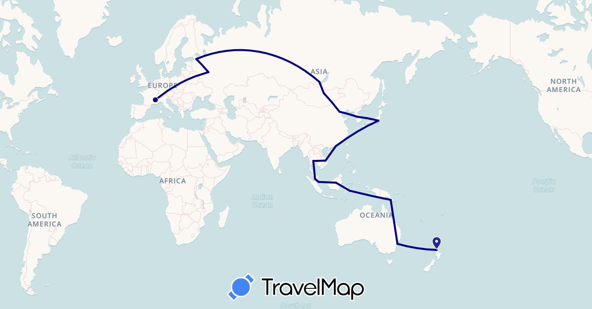 TravelMap itinerary: driving in Australia, China, France, Indonesia, Japan, South Korea, Mongolia, Malaysia, New Zealand, Papua New Guinea, Russia, Singapore, Thailand, Vietnam (Asia, Europe, Oceania)